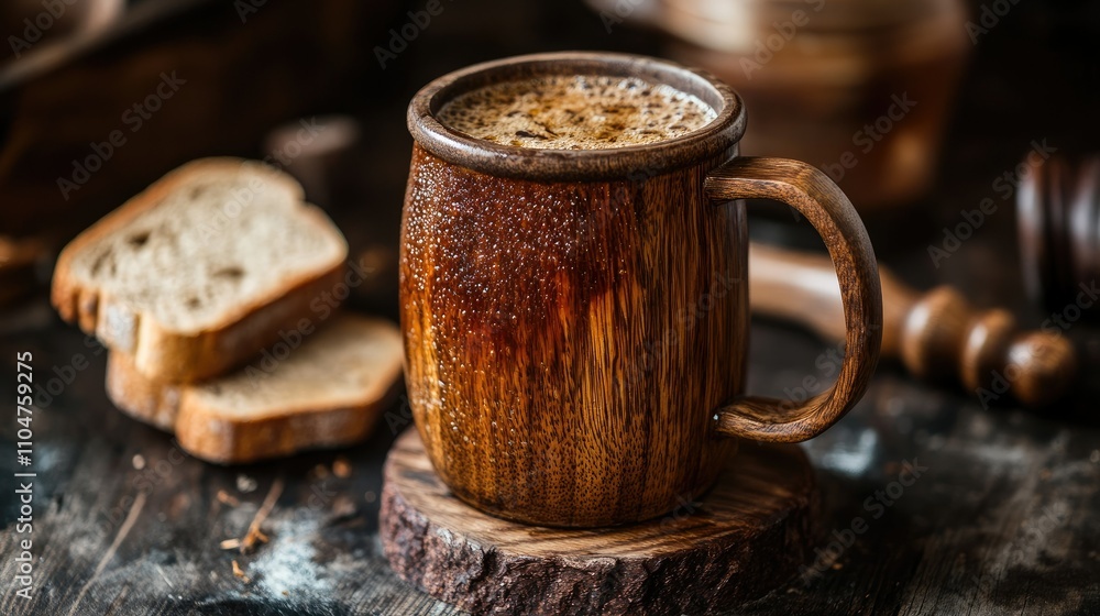 A rustic wooden mug filled with a hot beverage, accompanied by slices of bread on a wooden surface. A rustic wooden mug filled with a hot beverage, accompanied by slices of bread on a wooden surface.