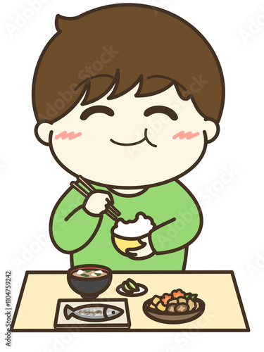 もぐもぐ美味しそうに食事をする男の子のゆるかわイラスト
