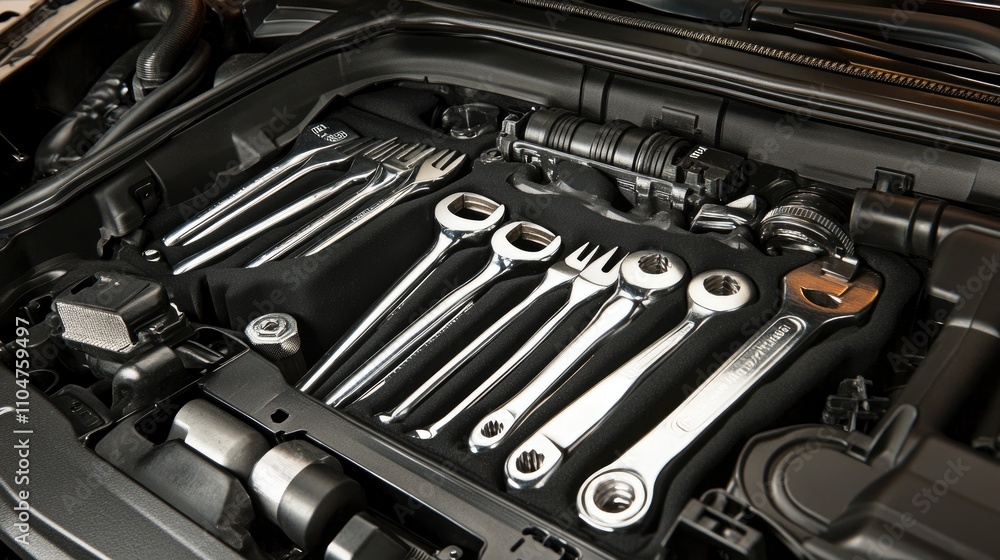 Fototapeta premium Sleek Collection of Chrome Automotive Tools Laid Out in Engine Bay