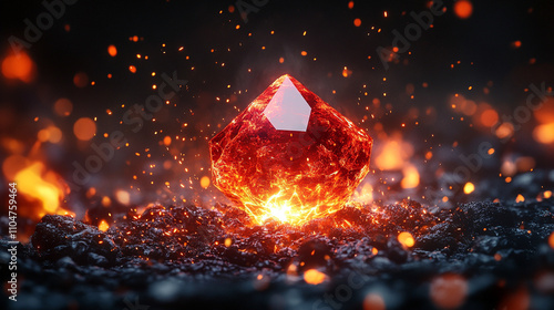 glowing red gemstone emerges from dark coals, symbolizing transformation, resilience, and hidden potential, with dramatic contrast and captivating light emanating from its core photo