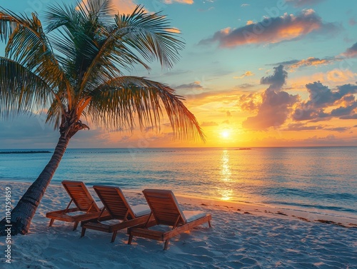 Tropical sunset with two sun beds and a palm tree on the sandy beach - AI