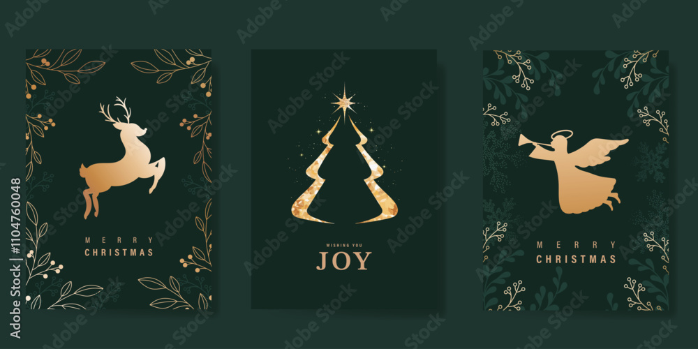 Fototapeta premium Merry Christmas and Happy New Year greeting card vector set. Luxury invitation with Christmas tree, leaf, reindeer, angel, spot texture on green background. Design illustration for season's card, ads.
