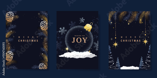 Merry Christmas and Happy New Year greeting card vector set. Luxury invitation with Christmas tree, bauble, foliage, spot texture on navy blue background. Design illustration for season's card, ads.