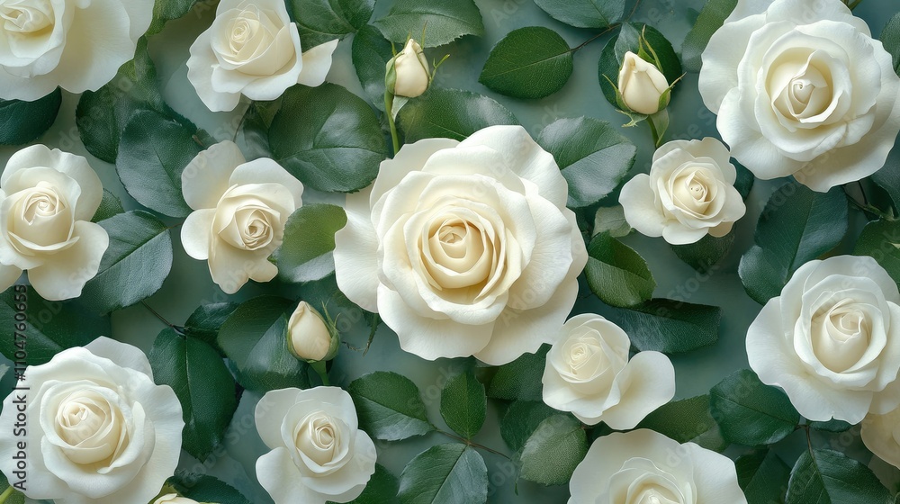 A serene arrangement of white roses and green leaves, creating a calming floral backdrop. A serene arrangement of white roses and green leaves, creating a calming floral backdrop.