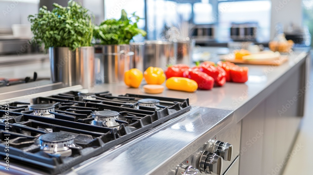 Modern Kitchen Counter with Fresh Vegetables and Cooking Utensils Modern Kitchen Counter with Fresh Vegetables and Cooking Utensils