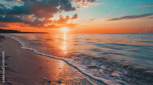 Fototapeta Naklejka Na Ścianę i Meble -  Stunning Sunset on the Baltic Sea Shore With Calm Waves and Vibrant Colors. Generative AI