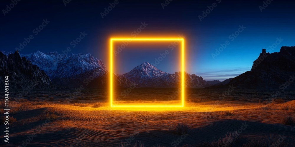 Glowing Neon Square Frame in Desert Landscape with Mountains and Night Sky Glowing Neon Square Frame in Desert Landscape with Mountains and Night Sky