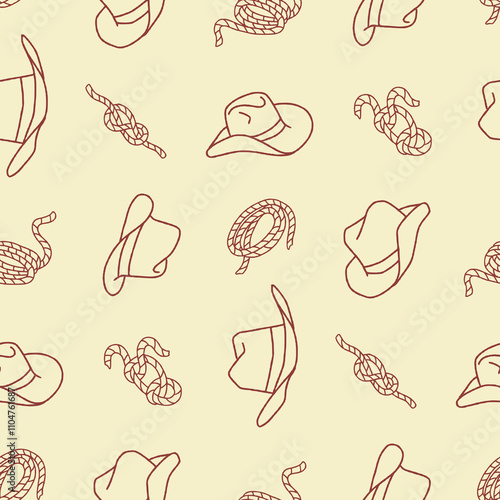 Outline Cowboy Hat Rope Vector Seamless Pattern illustration Design