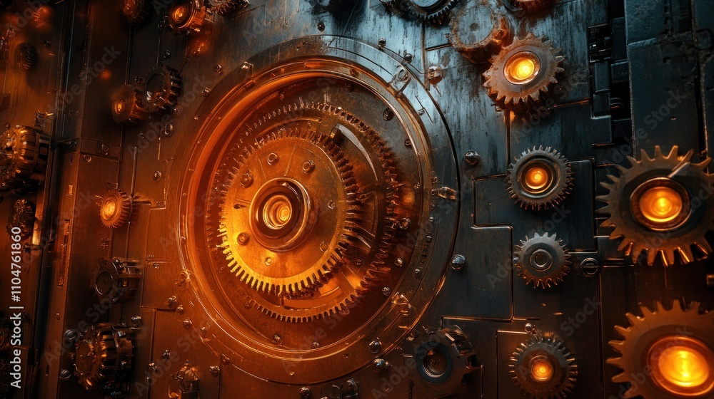A close-up of intricate gears and mechanisms with glowing elements, evoking a steampunk aesthetic. A close-up of intricate gears and mechanisms with glowing elements, evoking a steampunk aesthetic.