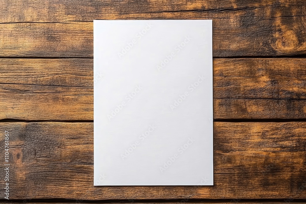 Blank white sheet of paper on rustic wooden table surface top view