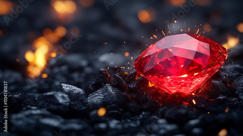 glowing red gemstone emerges from dark coals, symbolizing transformation, resilience, and hidden potential, with dramatic contrast and captivating light emanating from its core photo