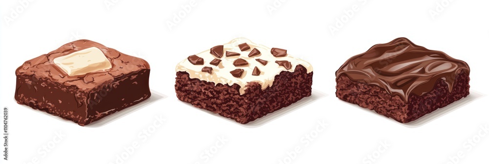 Three delicious brownies with different toppings butter, chocolate chips, and chocolate frosting. Three delicious brownies with different toppings butter, chocolate chips, and chocolate frosting.