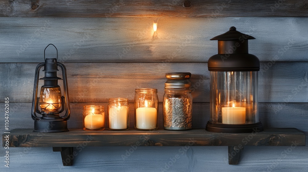 Cozy Home Decor with Candles and Lanterns on Wooden Shelf Cozy Home Decor with Candles and Lanterns on Wooden Shelf
