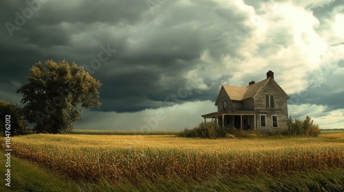 Abandoned House Surrounded by Golden Fields Under Dramatic Sky