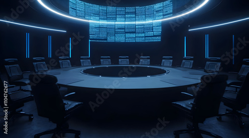 A modern, high-tech conference room featuring a circular table, black chairs, and illuminated screens, creating a futuristic atmosphere.