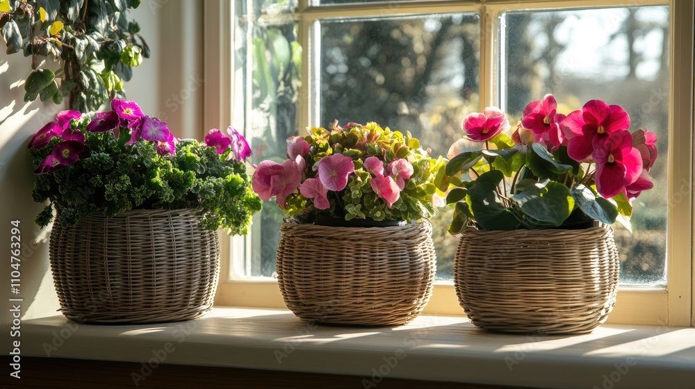 Obraz premium Bright Indoor Flower Pots on Sunlit Windowsill with Soft Shadows