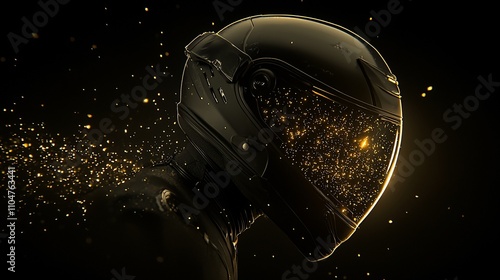 Futuristic black helmet with golden particles. photo