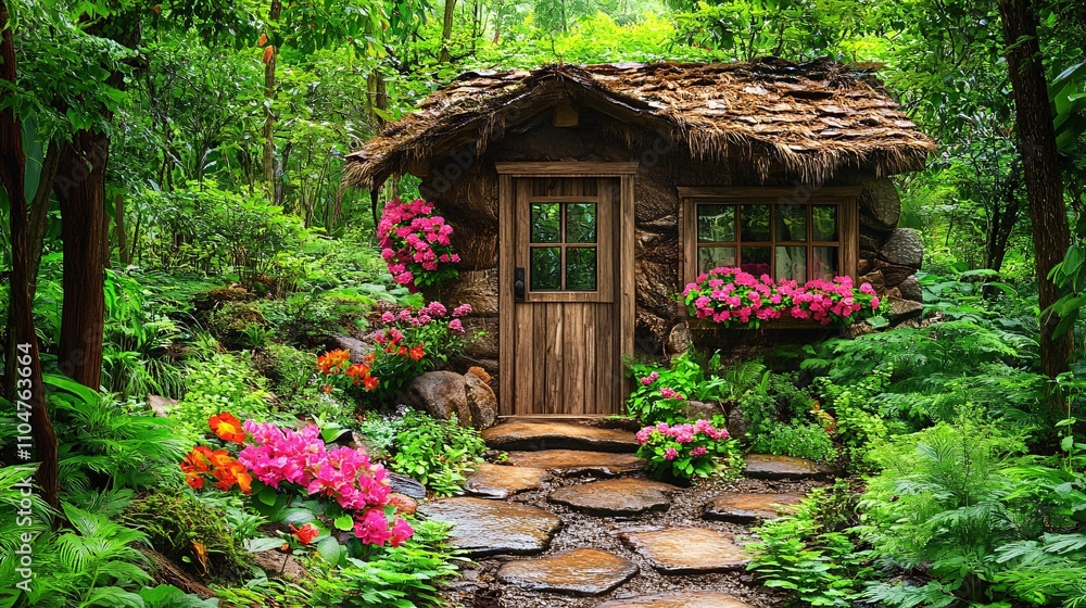 Charming rustic cabin nestled in a lush green forest garden with vibrant flowers and stone pathway. Charming rustic cabin nestled in a lush green forest garden with vibrant flowers and stone pathway.