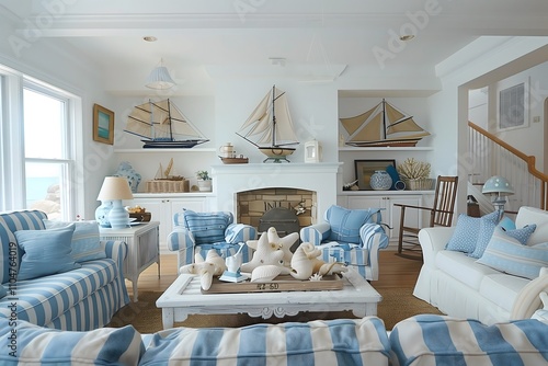 Coastal-themed living room interior design with a blue striped sofa, whitewashed furniture, and nautical decor elements like anchors and seashells. photo