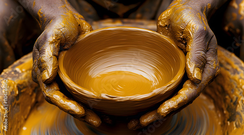 A person molds a brown clay bowl on a potter's wheel, showcasing craftsmanship and artistry in pottery making. photo