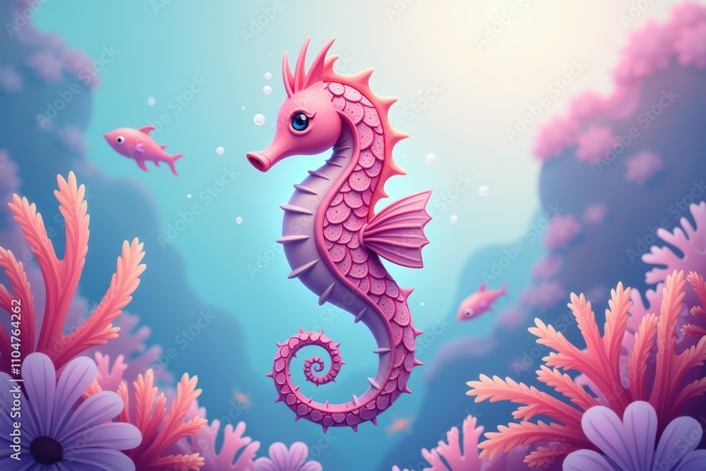 Whimsical illustration of a vibrant pink seahorse in a colorful underwater scene filled with coral and fish. Whimsical illustration of a vibrant pink seahorse in a colorful underwater scene filled with coral and fish.