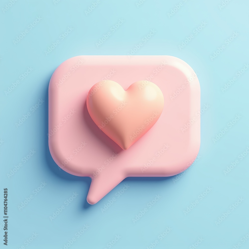 3D heart icon on a pink speech bubble against a pastel blue background, symbolizing love and communication in a modern digital style. 3D heart icon on a pink speech bubble against a pastel blue background, symbolizing love and communication in a modern digital style.