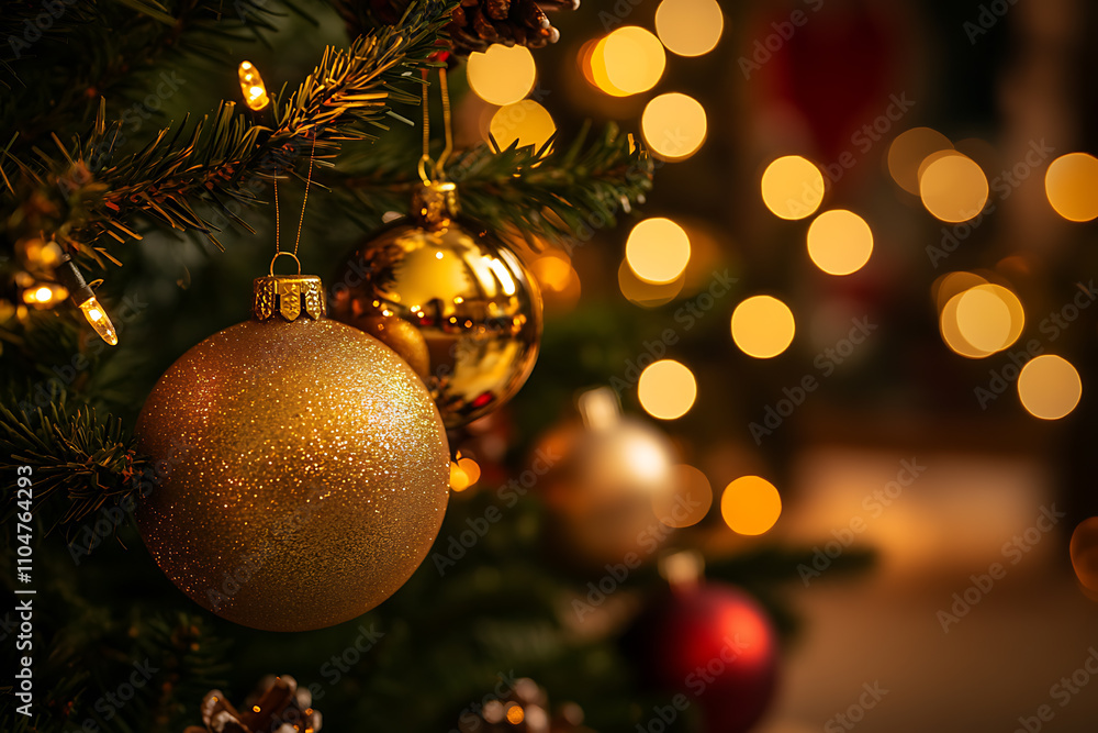 Shiny golden Christmas baubles with festive decorations and soft bokeh lights in the background Shiny golden Christmas baubles with festive decorations and soft bokeh lights in the background