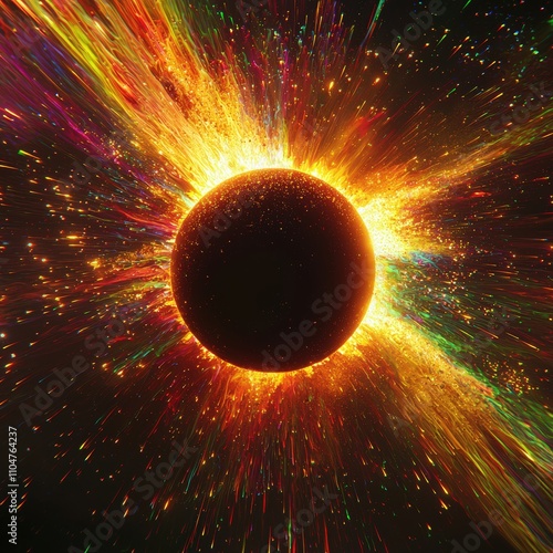 Vibrant cosmic explosion around a dark sphere.