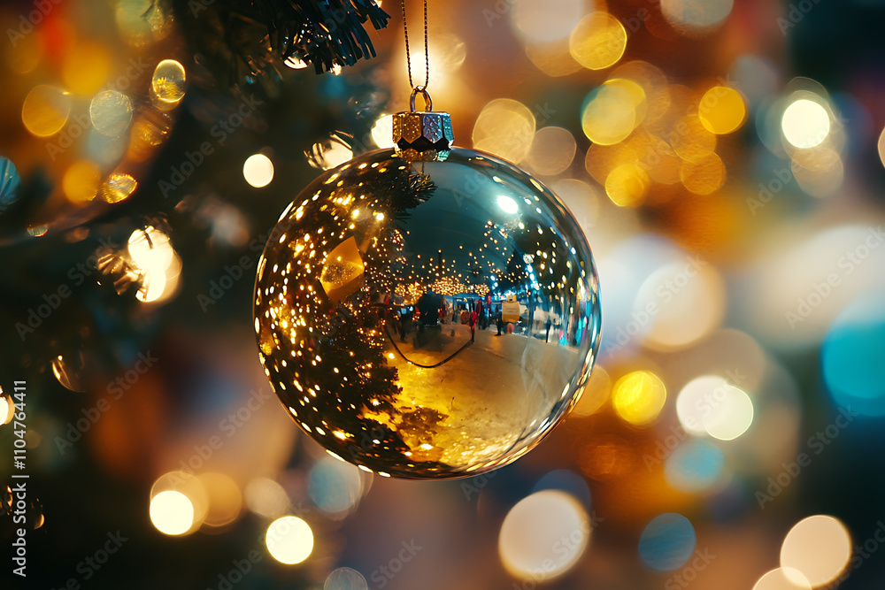 Shiny golden Christmas baubles with festive decorations and soft bokeh lights in the background Shiny golden Christmas baubles with festive decorations and soft bokeh lights in the background