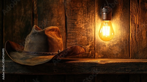 Rustic Cowboy Hat Next to Warm Light Bulb on Wooden Shelf photo