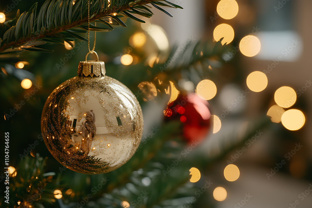 Shiny golden Christmas baubles with festive decorations and soft bokeh lights in the background Shiny golden Christmas baubles with festive decorations and soft bokeh lights in the background