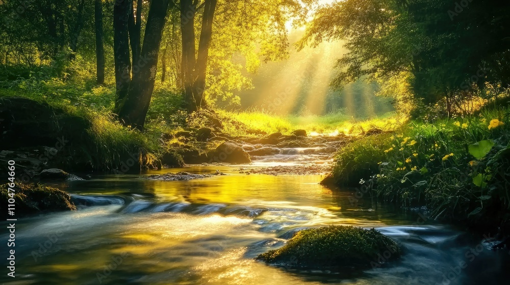 A serene forest scene with sunlight streaming through trees, illuminating a gentle stream. A serene forest scene with sunlight streaming through trees, illuminating a gentle stream.