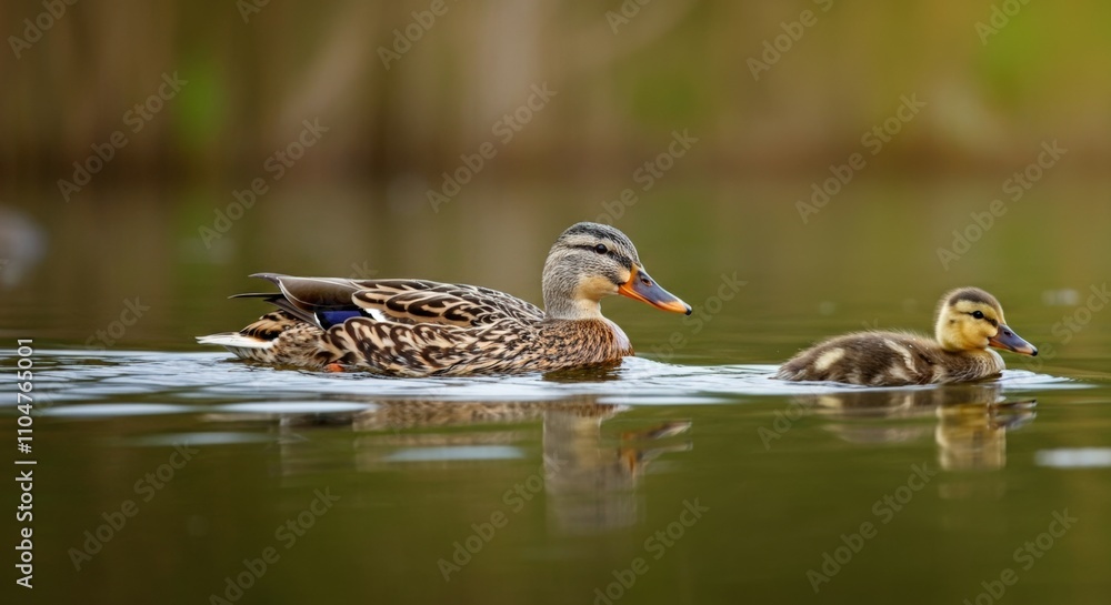 Female Mallard Duck and Duckling on Calm Water Female Mallard Duck and Duckling on Calm Water