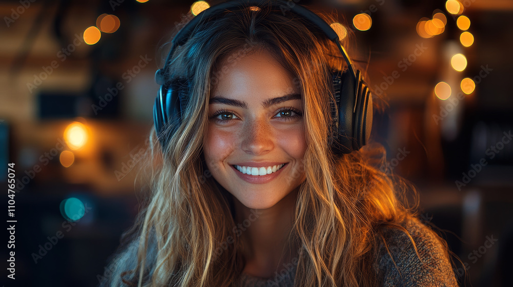 Smiling woman with long hair wearing headphones, enjoying podcast in cozy setting with warm lights. Her joyful expression radiates happiness and engagement Smiling woman with long hair wearing headphones, enjoying podcast in cozy setting with warm lights. Her joyful expression radiates happiness and engagement