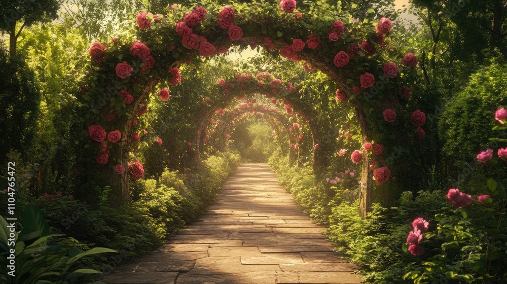 A serene garden path adorned with rose-covered arches, inviting tranquility and beauty. A serene garden path adorned with rose-covered arches, inviting tranquility and beauty.