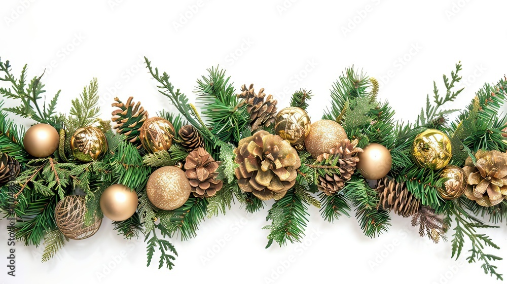 A pine garland border with sparkling golden decorations. A pine garland border with sparkling golden decorations.