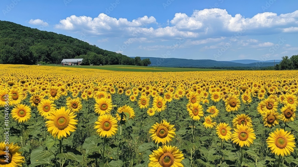 Vibrant Sunflower Field Under Blue Sky with Green Hills and Clouds Vibrant Sunflower Field Under Blue Sky with Green Hills and Clouds