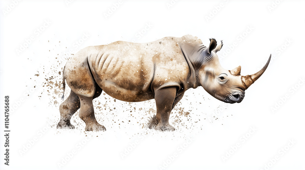 Fototapeta premium Majestic Rhino Watercolor: A powerful and serene watercolor painting of a white rhinoceros, captured in exquisite detail against a subtle splash background.