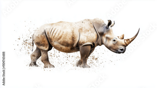 Majestic Rhino Watercolor: A powerful and serene watercolor painting of a white rhinoceros, captured in exquisite detail against a subtle splash background. photo