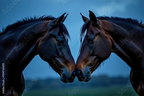 Two majestic brown horses gently touch noses against a moody twilight sky, highlighting their graceful connection and serene elegance. photo