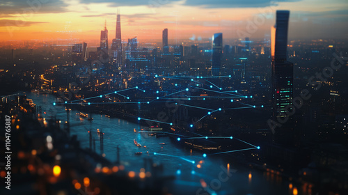 Wallpaper Mural Smart digital city with connection cyber security network reciprocity over the twilight cityscape.future wireless digital city and social media networking systems that connects people within the city
 Torontodigital.ca