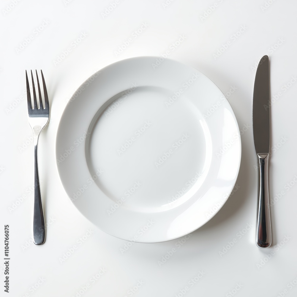 Minimalistic dining setup featuring a white plate, stainless steel fork, and knife on a pristine white background. Minimalistic dining setup featuring a white plate, stainless steel fork, and knife on a pristine white background.