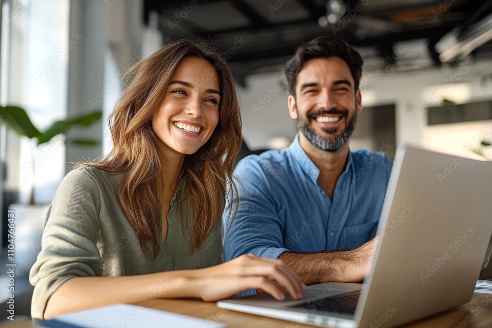 Smiling Business Professionals Working Together on Laptop in Modern Office Smiling Business Professionals Working Together on Laptop in Modern Office