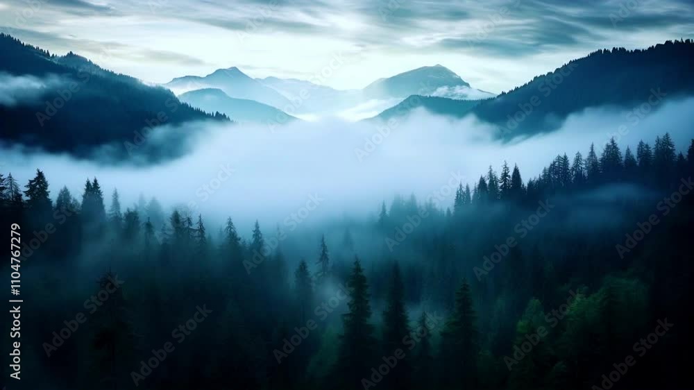 Thick fog rolling over forest-covered mountain slopes: aesthetic aerial view capturing the serene and mystical beauty of nature's dynamic landscapes. Generative AI Thick fog rolling over forest-covered mountain slopes: aesthetic aerial view capturing the serene and mystical beauty of nature's dynamic landscapes. Generative AI