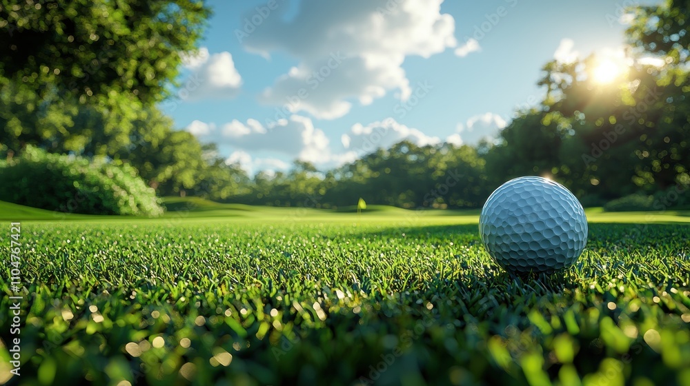 Golf Ball on Lush Green Grass Under Bright Blue Sky and Sunlight Golf Ball on Lush Green Grass Under Bright Blue Sky and Sunlight
