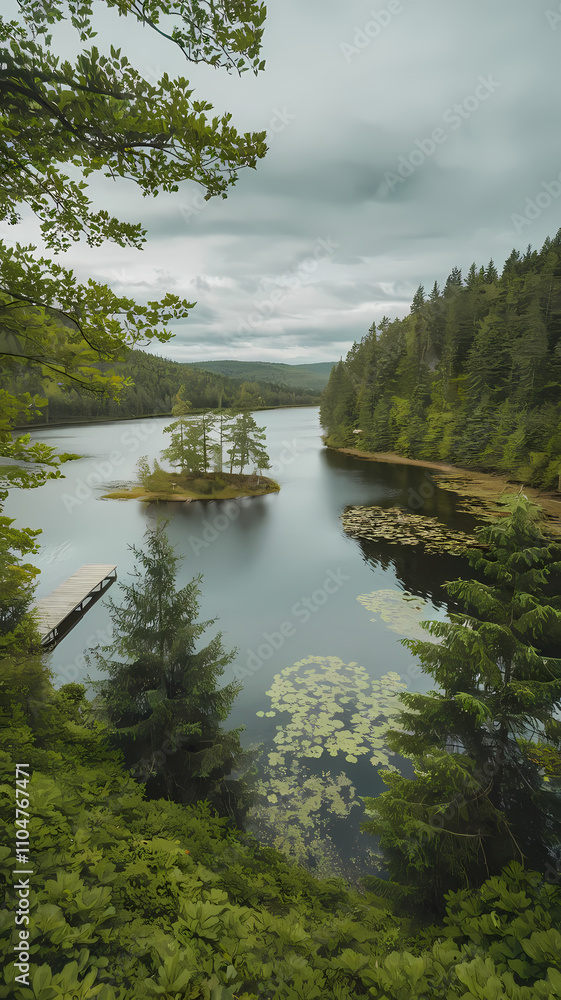 Fototapeta premium Forest Lake with Island and Dock