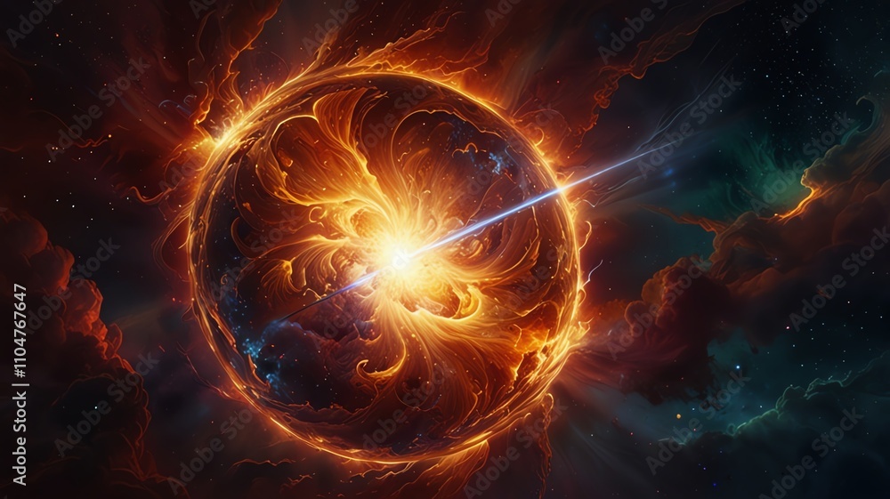 Obraz premium Here are a few options for your stock photo description, all under 200 characters:**Option 1 (Focus on energy):**> Fiery cosmic energy explodes from a celestial body, radiating