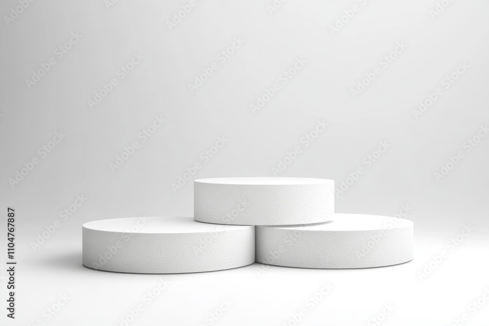 Minimalist White Circular Podiums Display on White Background Empty Exhibition Showcase Concept Minimalist White Circular Podiums Display on White Background Empty Exhibition Showcase Concept