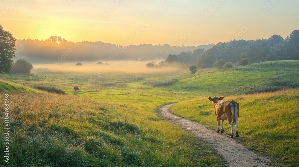 A serene landscape at sunrise with a cow on a path in a misty meadow. A serene landscape at sunrise with a cow on a path in a misty meadow.