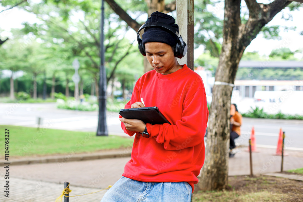 Fototapeta premium Young Freelancer Working Remotely With his Digital Tablet On Park